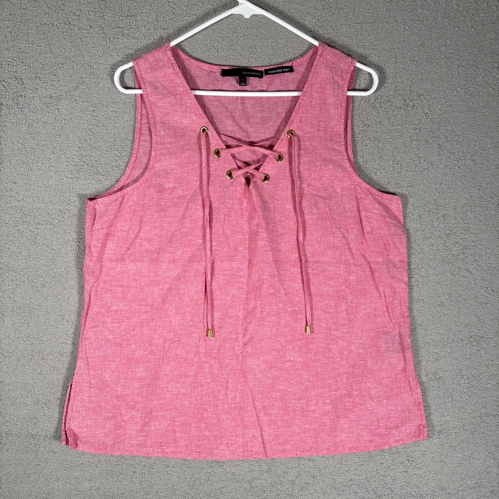 Harve Benard‎ Pink Washable Linen Lace Up Sleeveless Top Large Boho V-Neck Tank